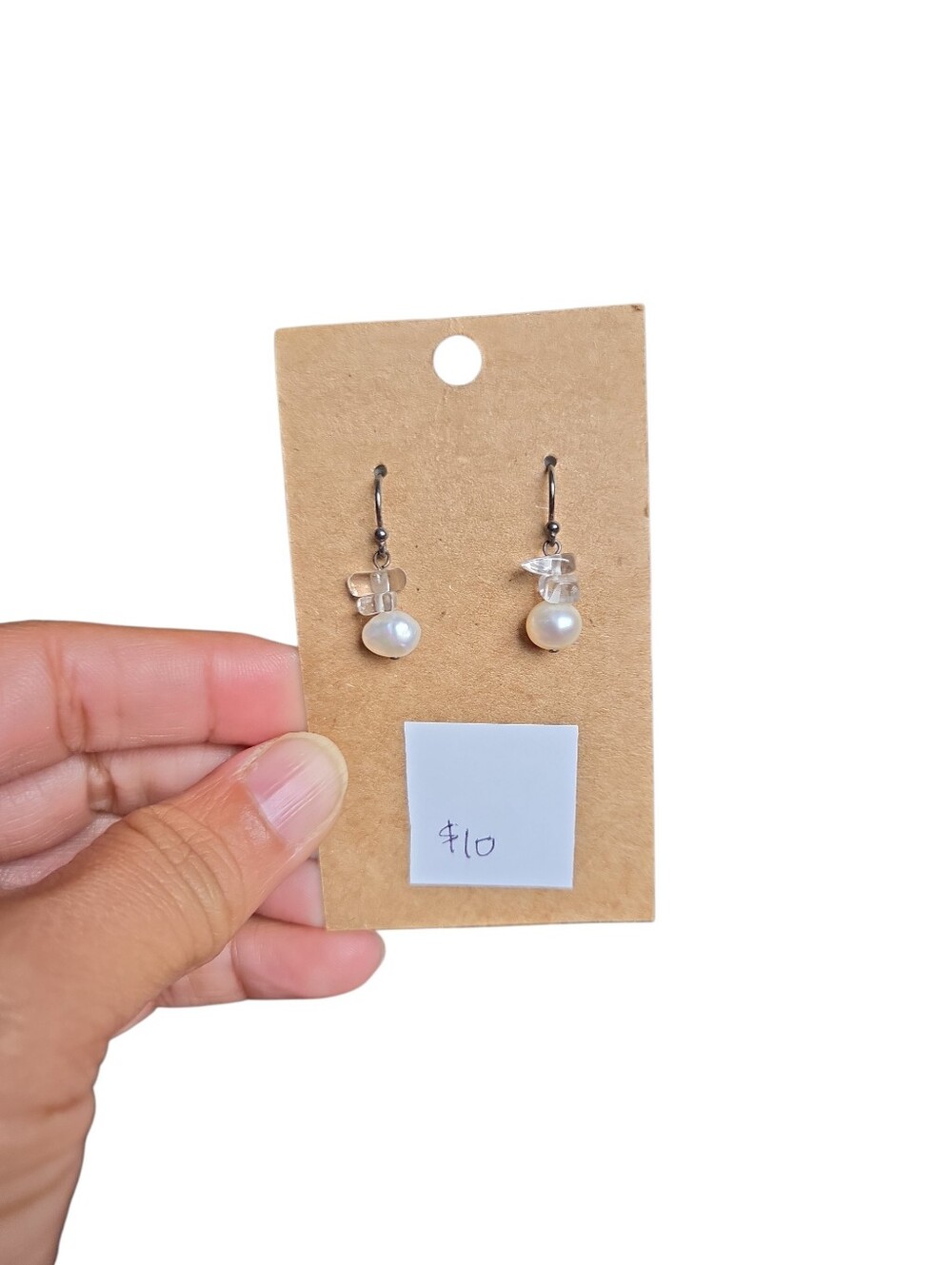Silver Toned Delicate Pearl Drop Earrings with Clear Crystal Accents 1"
